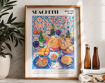 Impresión de pared de espaguetis, decoración de pared de viaje de comida italiana, descarga digital, impresión de arte de comida, póster retro, impresión de arte de cocina, póster de cocina