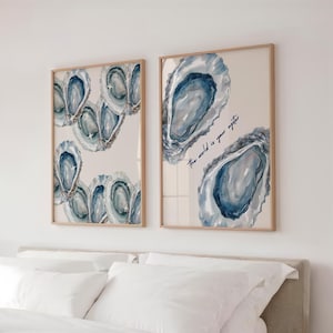 Zestaw wydruków z muszlą ostrygi: jasnoniebieska sztuka ścienna w stylu nadmorskim (do pobrania cyfrowego)
