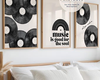 Vinyl Record Music Prints Set Of 3, Retro Dorm Decor, Digital Download