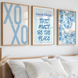 Conjunto de 3 impressões azul claro, arte de parede de dormitório moderno e estético, arte de parede de bola de discoteca, pôster de cheque de hóspedes, arte de parede azul moderno, impressões de dormitório azul