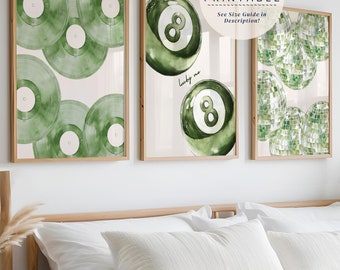 Sage Green Set Of 3 Prints | Vinyl Record Print | Pool Ball Print | Disco Balls Print | Digital Download