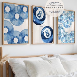 Blaues trendiges 3er-Set Drucke, Blaues adrettes Studentenwohnheim Drucke, Ästhetischer Wohnheim Dekor, Funky Wandkunst, Wohnung Wandkunst, Lucky You Poster