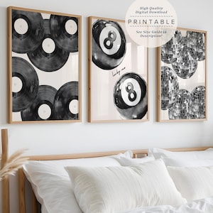 Conjunto de 3 impresiones modernas en negro, impresión de 8 bolas de billar, arte de pared de los años 70, arte de pared universitario, decoración estética de la habitación, arte de pared moderno, carteles retro