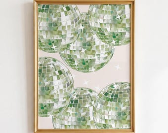 Green Disco Ball Print: Retro 70s Mirrorball Poster, Funky Maximalist Apartment Decor (Digital Download)