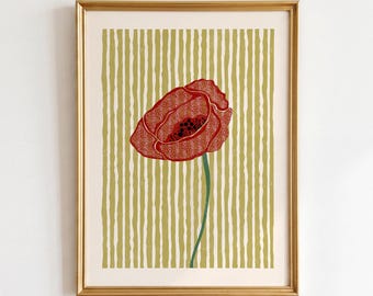 Poppy Print: Colorful Linocut Style Botanical Floral Wall Art, Apartment Decor