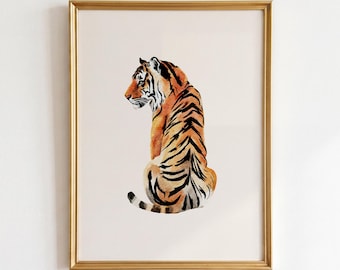 Tiger Watercolor Print: Jungle Animal Poster, Maximalist Eclectic Wall Art, Apartment Decor (Digital Download)