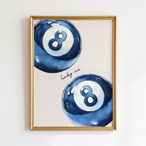 Lucky Me Print: Retro Blue 8 Ball Maximalist Wall Art, Dorm Decor (Digital Download)