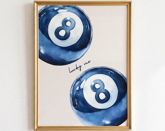 Lucky Me-print: retro blauwe maximalistische kunst aan de muur met 8 bollen (digitale download)