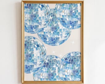 Disco Ball Print: Retro Hellblaue Spiegelkugel Poster, Funky Wohnung Wandkunst (Digitaler Download)