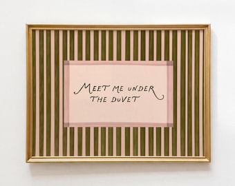 Roze en groene retro gestreepte slaapkamerprint, horizontaal kunst aan de muur boven het bed