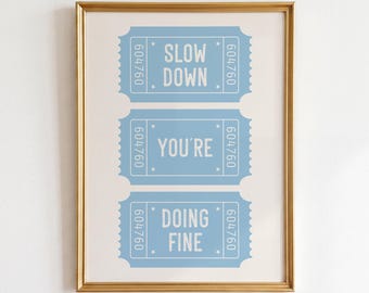 Slow Down Print: Light Blue Retro Ticket Poster, Coastal Apartment Decor (Digital Download)