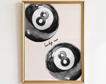 Lucky Me Print: Retro Black Wall Art, Pool Ball Poster, Trendy Decor (Digital Download)