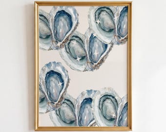 Oyster Seashell Print, Light Blue Coastal Wall Art, Beachy Apartment Decor (Digital Download)