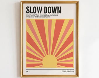 Slow Down Print: Retro Sun Wall Art, 70s Funky Apartment Decor (Digital Download)
