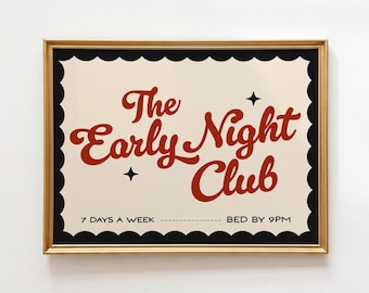 Early Night Club-afdruk: zwarte retro quote muurkunst, horizontaal funky appartementdecor