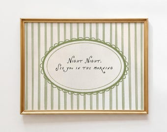 Sage Green Bedroom Print: Night Night Quote Wall Art, Minimalist Romantic Poster