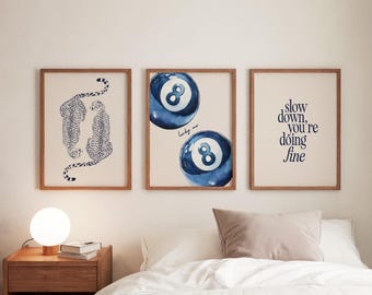 3-Piece Cheetah and 8-Ball Print Set: Funky Maximalist Navy Blue Apartment Decor (Digital Download)