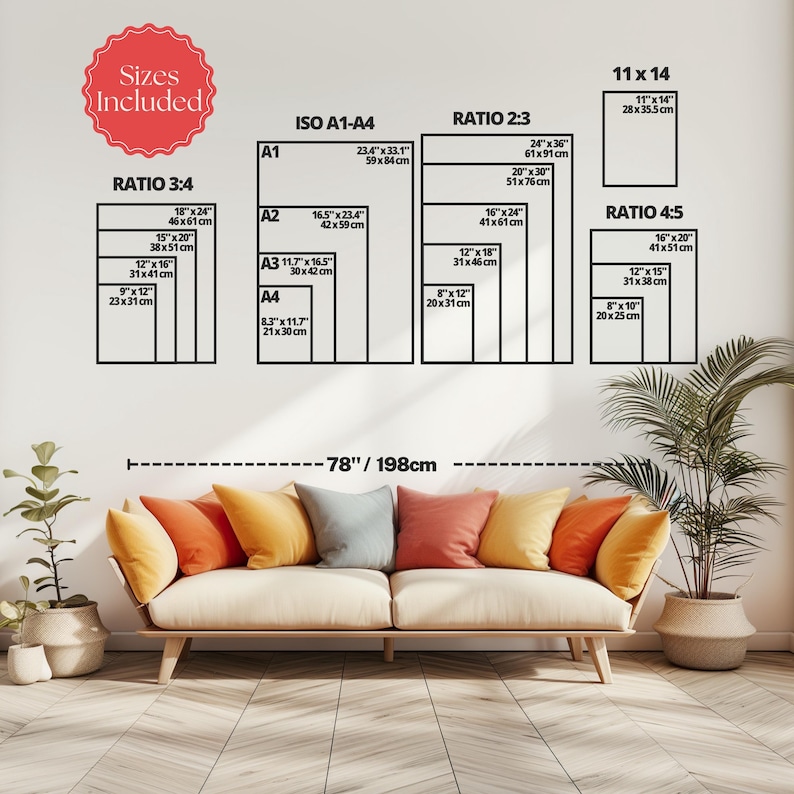 May include: A size guide chart displaying various print dimensions in inches and centimeters, categorized by ratios 3:4, ISO A1-A4, 2:3, 11x14, and 4:5. The chart is positioned above a light-colored sofa with orange, yellow, and gray pillows.
