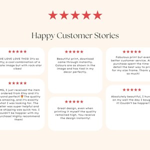 May include: A graphic display titled Happy Customer Stories featuring five red stars at the top and five individual white rectangular boxes containing five-star ratings and customer reviews written in black text regarding digital print purchases.