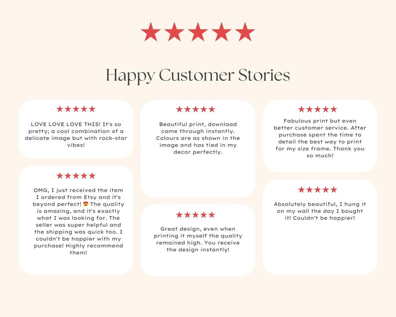 May include: A graphic display titled Happy Customer Stories featuring five red stars at the top and five individual white rectangular boxes containing five-star ratings and customer reviews written in black text regarding digital print purchases.