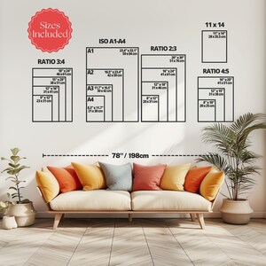 May include: A wall display showing various print sizes, including 11x14 inches, and ratios like 3:4, 2:3, and 4:5. The sizes are listed in inches and centimeters. The text "Sizes Included" is in a red circle.