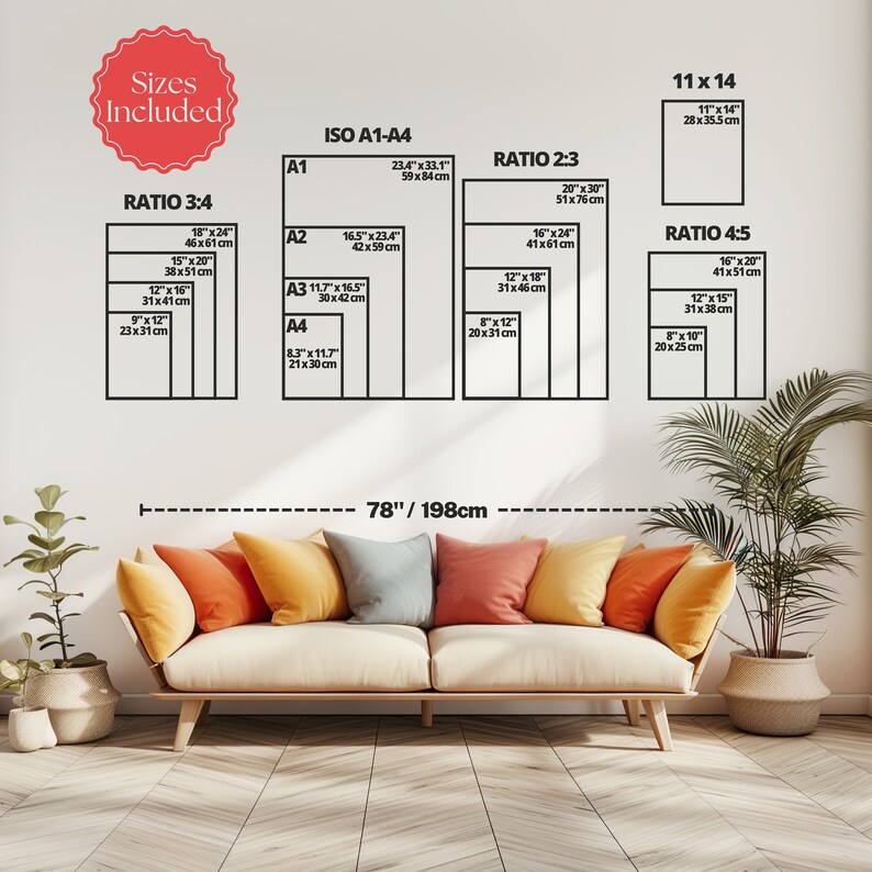 May include: A wall display showing various print sizes, including 11x14 inches, and ratios like 3:4, 2:3, and 4:5. The sizes are listed in inches and centimeters. The text "Sizes Included" is in a red circle.