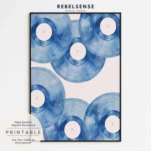 Arte de pared con discos de vinilo azules, póster de música retro de moda, regalo para amantes de la música, arte de pared maximalista, póster de moda, decoración de apartamentos, arte retro azul