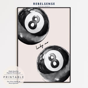8 Billardball Print, schwarzes Lucky Me Poster, Apartament Wandkunst, Retro Poster, Maximalist Wandkunst, Preppy Poster, Ästhetisches Poster