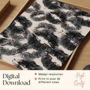 May include: A digital download print featuring a pattern of black lipstick kiss marks on a beige background. The print is displayed in a wooden tray. Text on the image reads "Digital Download" and "High Quality".