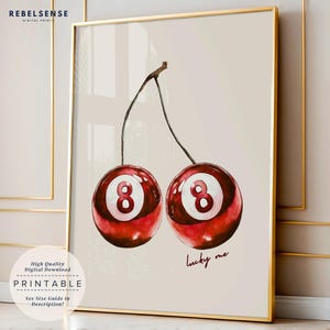 Rot 8 Pool Ball Print, Retro Kirschen Wandkunst, Dopamin Dekor, Preppy Wandkunst, Kirsch Print, Lucky Me Poster, Funky Wandkunst, 70er Jahre Poster