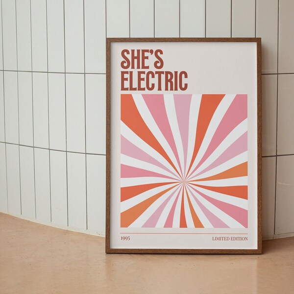 She's Electric Wall Print, Music Wall Decor, Digital Download Print, Pink Art Print, Cute Dorm Wall Art, Vintage Music Poster, Aesthetic Art