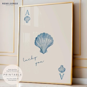 Impression coquillage bleu, décoration de chambre plage côtière, impression de la chance, impressions bleu clair, impression cartes à jouer, art mural appartement, art mural plage