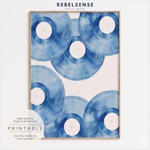 Arte de pared con discos de vinilo azules, póster de música retro de moda, regalo para amantes de la música, arte de pared maximalista, póster de moda, decoración de apartamentos, arte retro azul