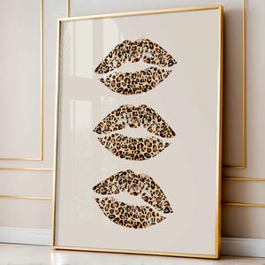 Impresión de beso de lápiz labial, impresión de beso de leopardo, decoración de dormitorio universitario, arte de pared de guepardo, arte de pared retro, arte de pared de moda, decoración de apartamento