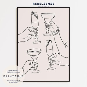 Impresión de cóctel "Cheers", impresión de carrito de bar moderno, imprimible, decoración para anfitriones, póster de martini, decoración de dormitorios universitarios, póster de cócteles, decoración de apartamentos
