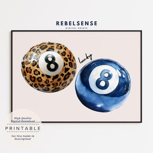 Blue 8 Ball Print, Leopard Print Funky Wall Art, Horizontal, Lucky You Poster, Dopamine Decor, Cheetah Print, Preppy Poster, Aesthetic Print