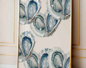 Oyster Seashell Print, Light Blue Coastal Wall Art, Beachy Apartment Decor (Digital Download)