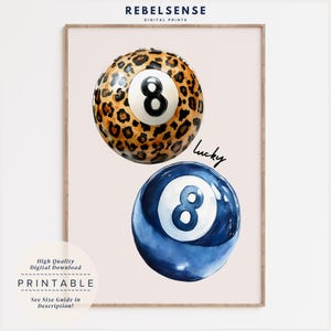 Impresión de bola 8 azul marino, arte mural funky con estampado de leopardo, póster "Lucky You", decoración de dopamina, estampado de guepardo, póster preppy, pósteres estéticos