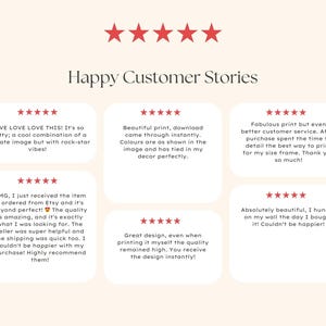 May include: A beige graphic with the title "Happy Customer Stories" and five red stars at the top. The graphic includes customer reviews with five-star ratings, praising the product's beauty, quality, and customer service.