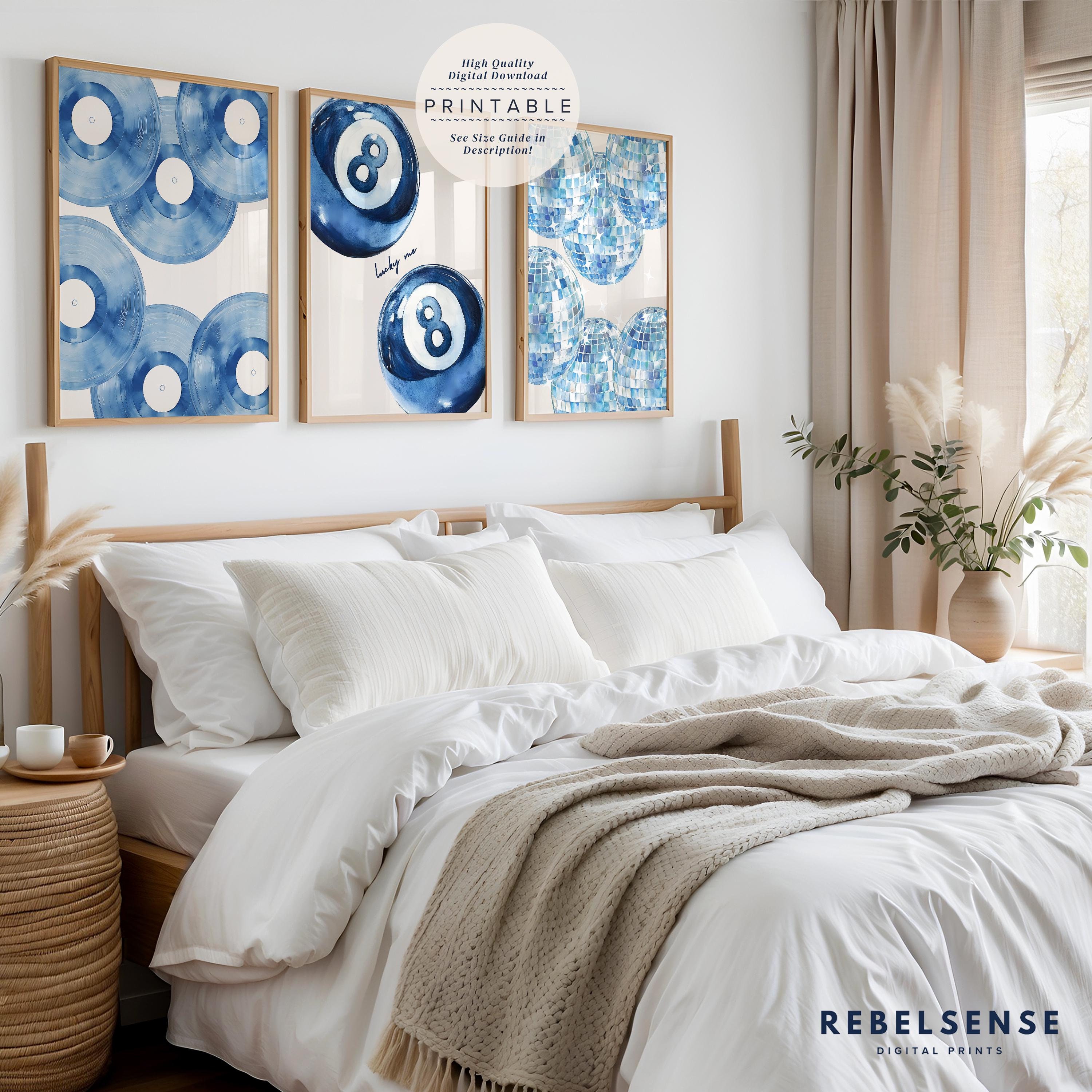 Conjunto de 3 láminas azules de moda, láminas azules preppy para dormitorios universitarios, decoración estética para dormitorios, arte mural moderno, arte mural para apartamentos, póster "Lucky You"