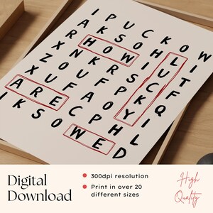 May include: A word search puzzle print on a light background featuring black capital letters. The words HOW, LUCKY, ARE, and WE are highlighted with red rectangular outlines. The text Digital Download, 300dpi resolution, and High Quality are visible.