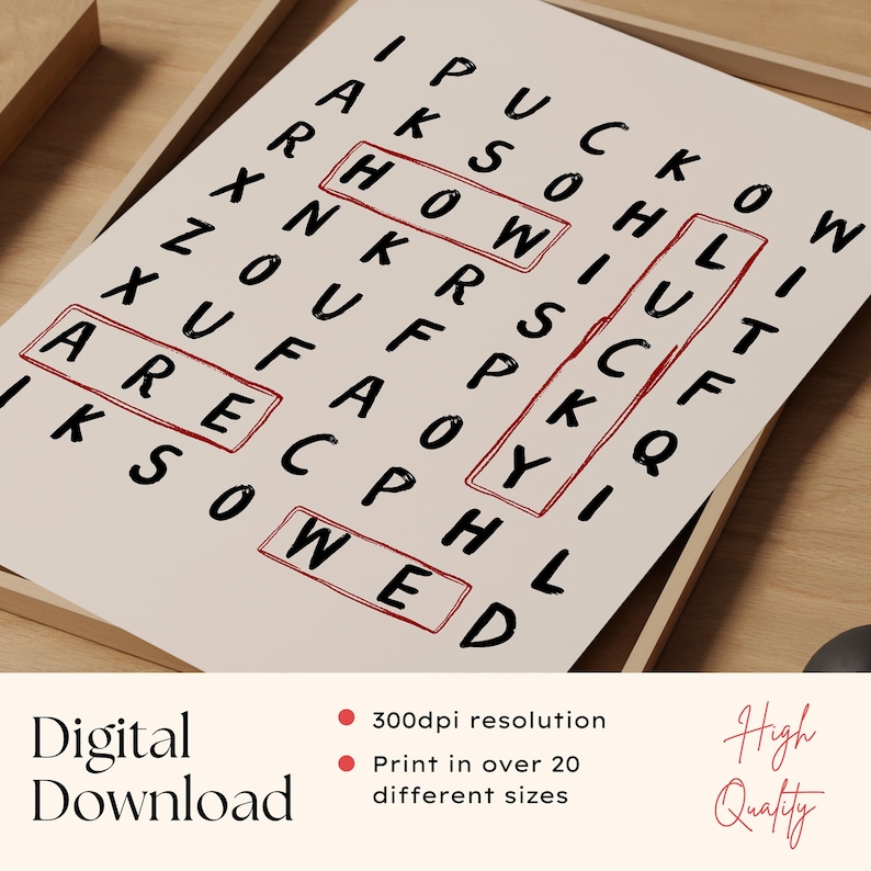 May include: A word search puzzle print on a light background featuring black capital letters. The words HOW, LUCKY, ARE, and WE are highlighted with red rectangular outlines. The text Digital Download, 300dpi resolution, and High Quality are visible.