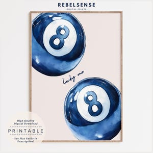 8 Pool Ball Print, Blaues Lucky Me Poster, Apartament Wandkunst, Retro Poster, Maximalistische Wandkunst, Preppy Posters, Ästhetisches Poster, Trendige Kunst