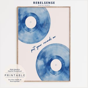 Arte de pared con discos de vinilo azules, póster de música retro de moda, regalo para amantes de la música, arte de pared maximalista, póster de moda, decoración de apartamentos, arte retro azul