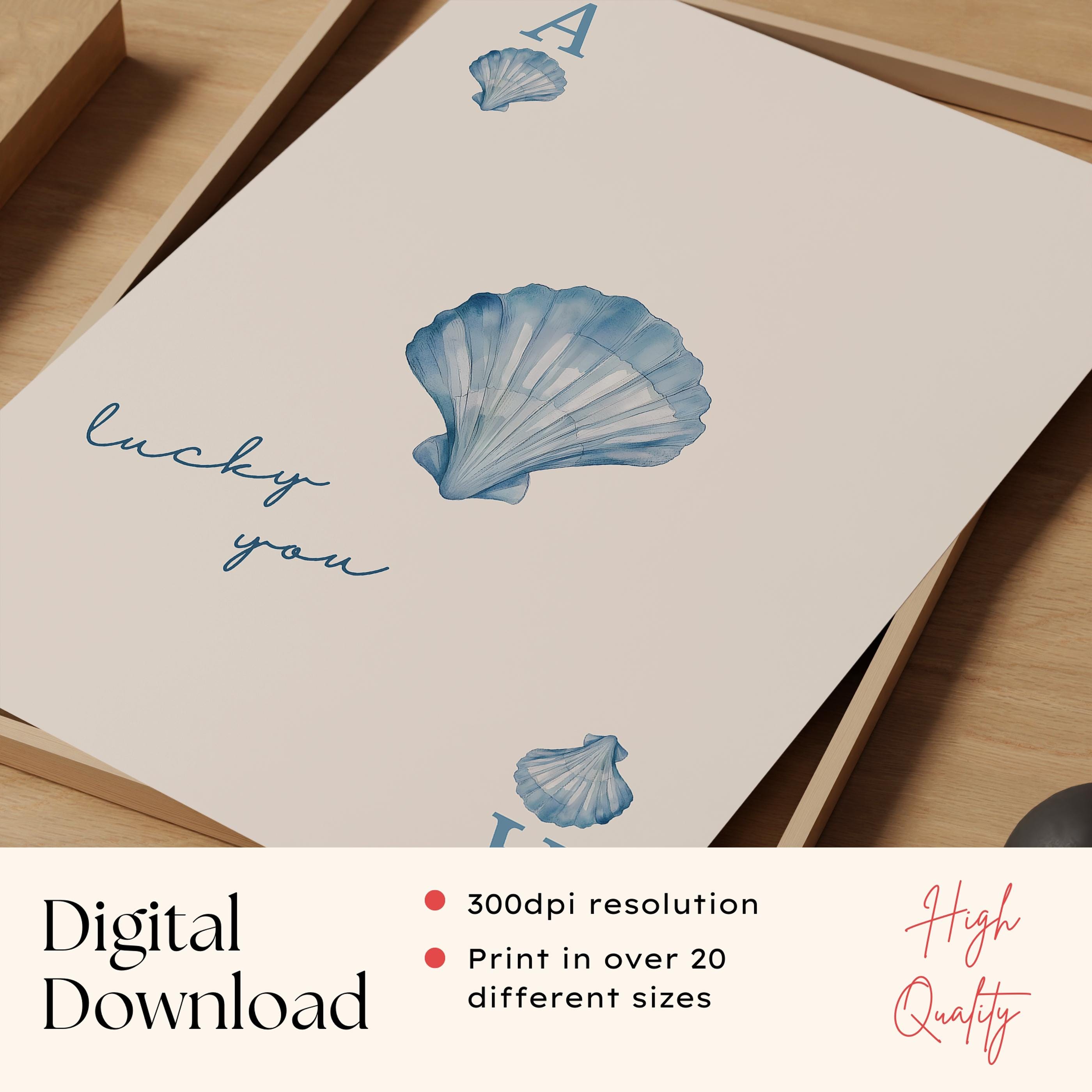Sea Shell Lucky Lucky You Print: Light Blue Seashell Wall Art, Coastal Beachy Apartment ...