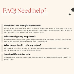 K&ouml;nnte beinhalten: FAQ! Brauchen Sie Hilfe? Ein wei&szlig;er Hintergrund mit schwarzem Text und einer schwarzen Sterngrafik. Der Text stellt Fragen zu digitalen Downloads, Druck und Gr&ouml;&szlig;en.