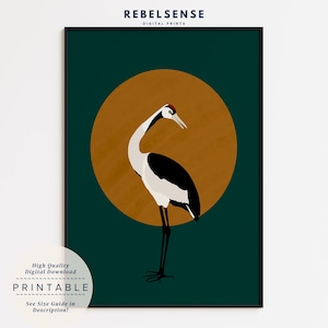Japanese Crane Print | Emerald Green & Gold Asian Wall Art | Digital Download
