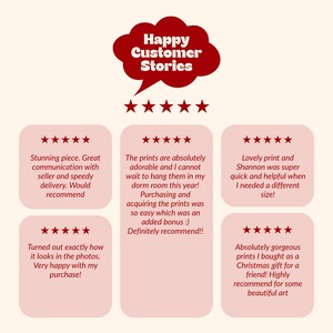 Pu&ograve; includere: Una grafica intitolata Happy Customer Stories in un fumetto rosso scuro, con cinque stelle rosse sottostanti. Cinque riquadri rettangolari arrotondati rosa chiaro contengono le recensioni dei clienti, ciascuna accompagnata da cinque stelle rosse.