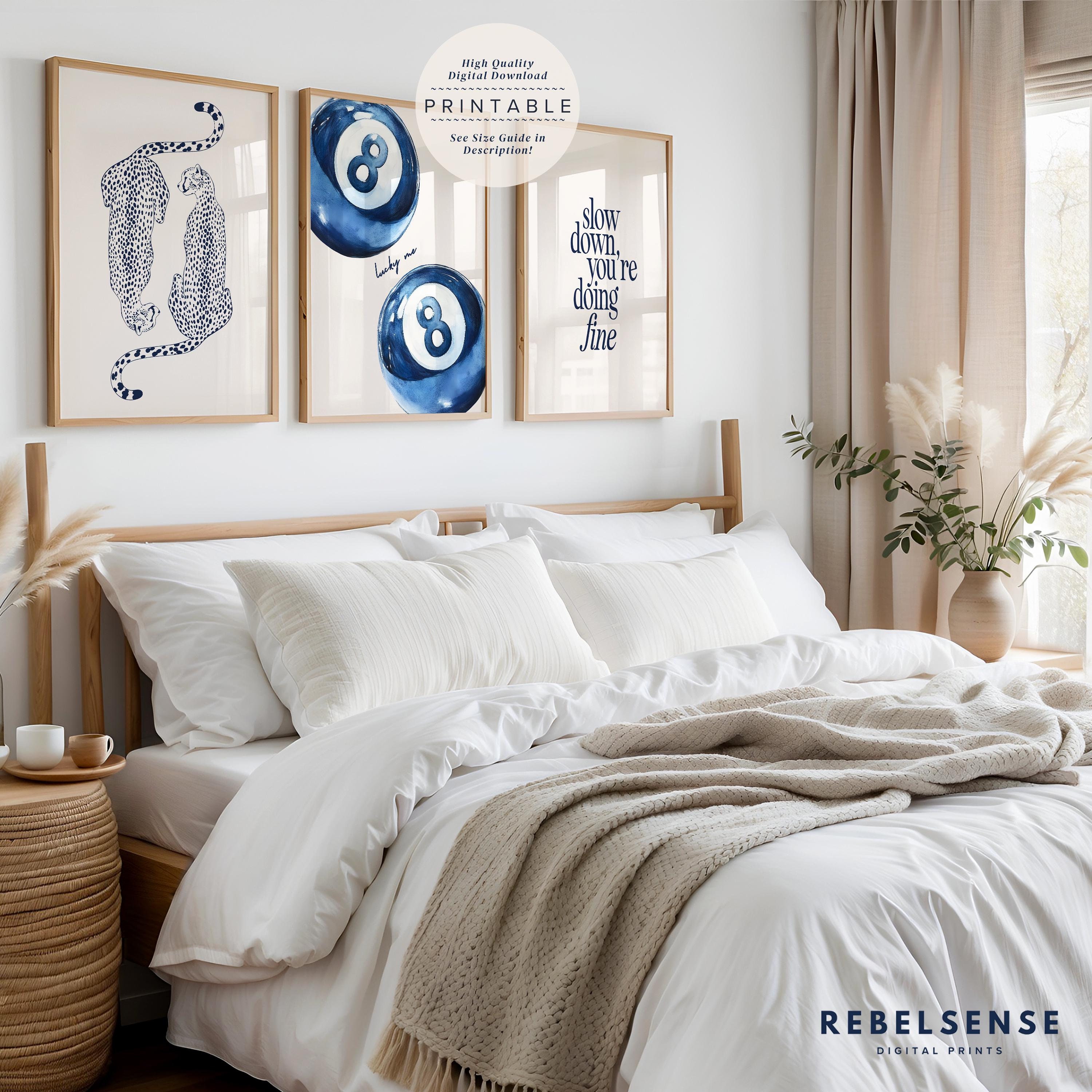 Navy Blue Trendy Set Of 3 Prints, Cheetah Wall Art, 8 Pool Ball Print, Navy Wall Art, Lucky You Poster, Aesthetic Room Decor, Leopard Art