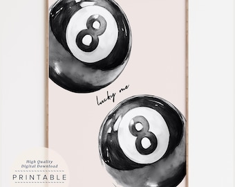 8 Pool Ball Print, Black Lucky Me Poster, Apartment Wall Art, Retro Poster, Maximalist Wall Art, Preppy Posters, Aesthetic Poster
